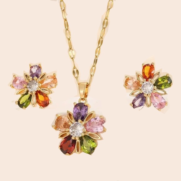 Multicolor Floral Necklace & Earrings with Zirconia & Gold Color details - Picture 1 of 7